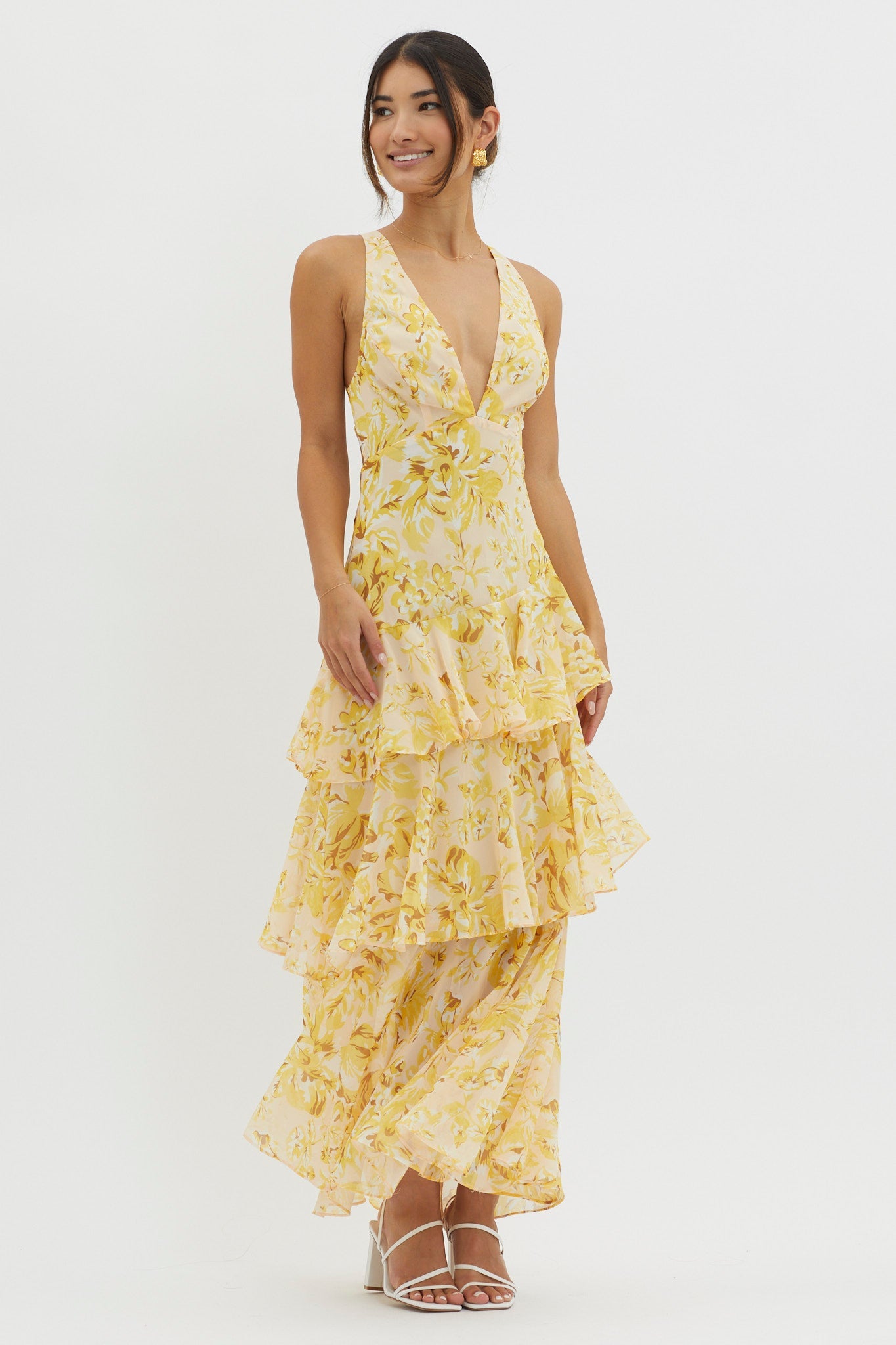 Veda Floral midikjole – volanger, ryggsnøring
