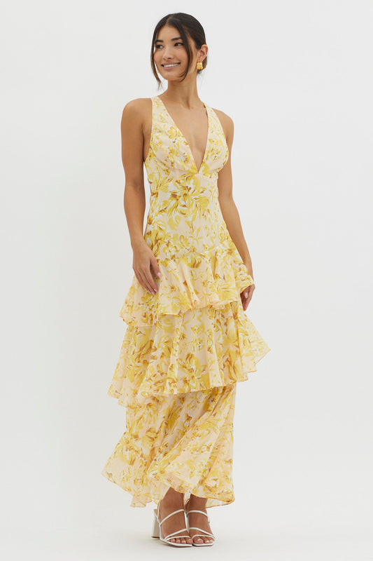 Veda Floral midikjole – volanger, ryggsnøring