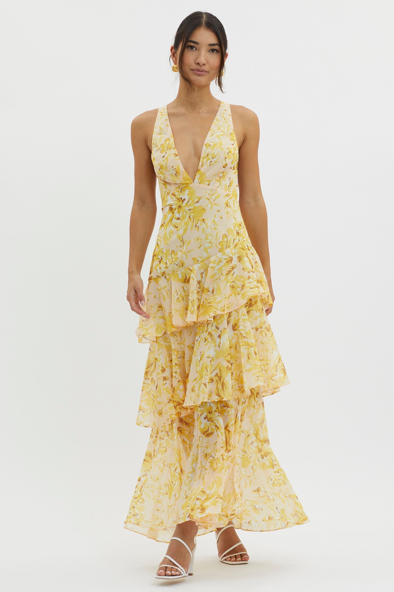 Veda Floral midikjole – volanger, ryggsnøring