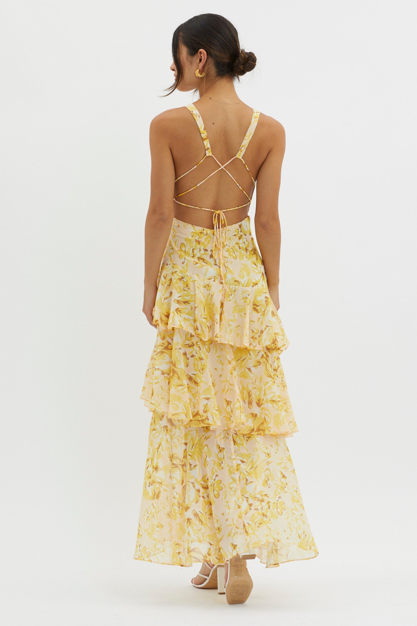 Veda Floral midikjole – volanger, ryggsnøring