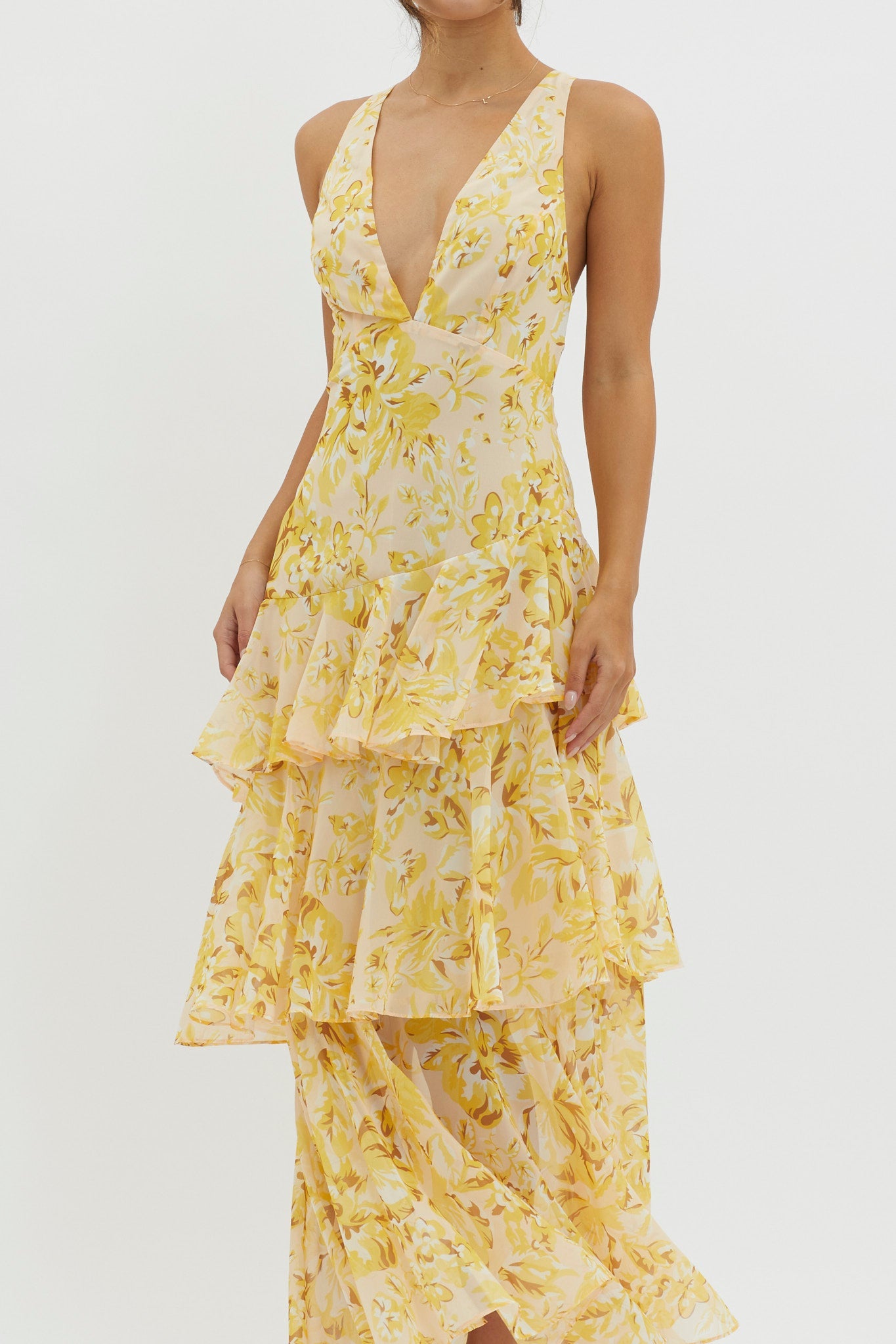 Veda Floral midikjole – volanger, ryggsnøring
