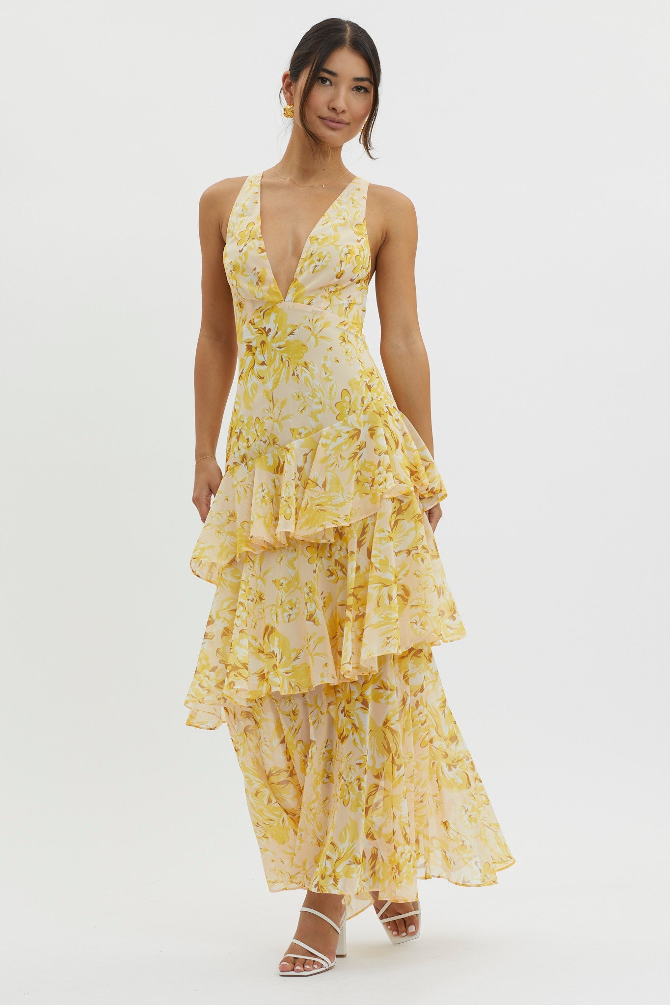 Veda Floral midikjole – volanger, ryggsnøring