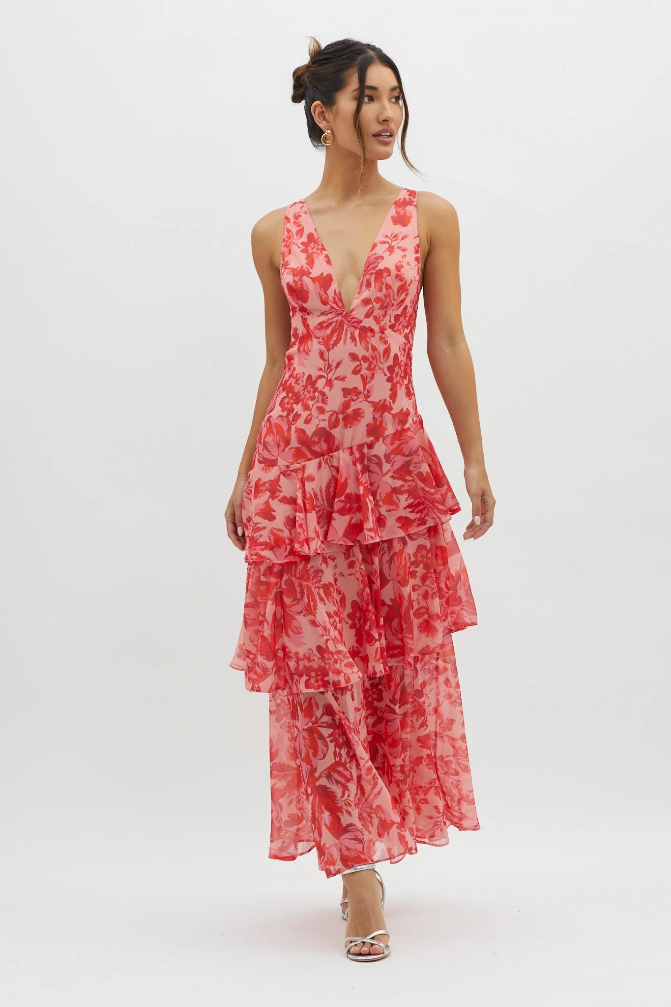 Veda Floral midikjole – volanger, ryggsnøring