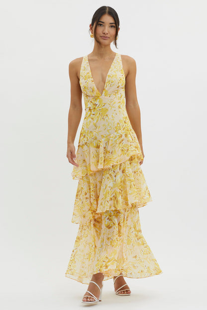 Veda Floral midikjole – volanger, ryggsnøring